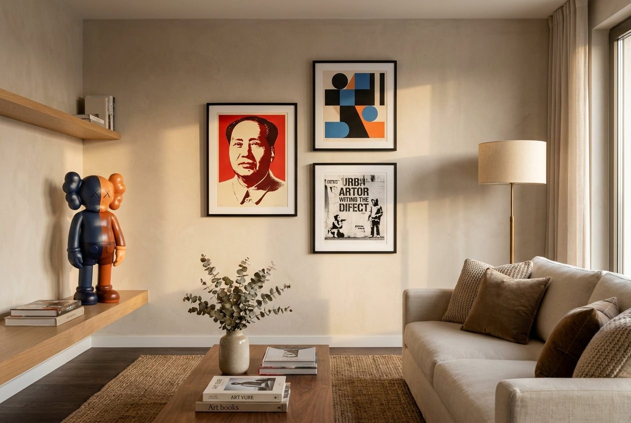 Elegant living room styled with authenticated street-art prints framed on the wall and a designer art figure on a shelf, showing how authenticated art works as protective, value-holding home decor