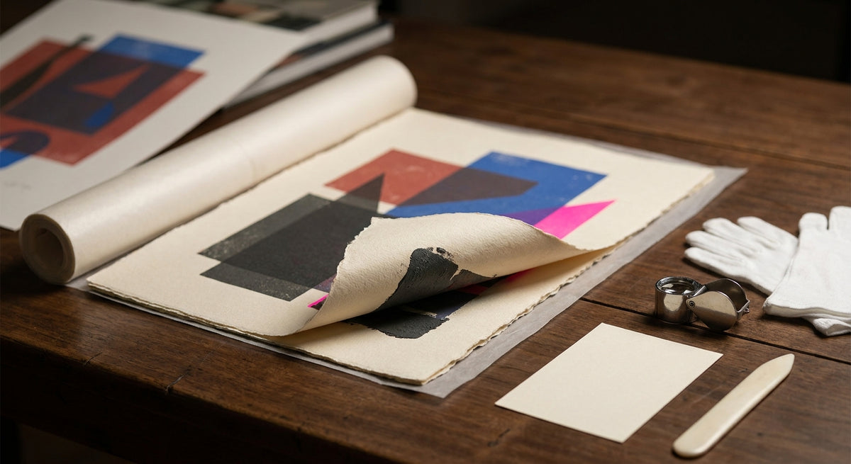 Generic limited-edition print and collector documentation on a walnut table