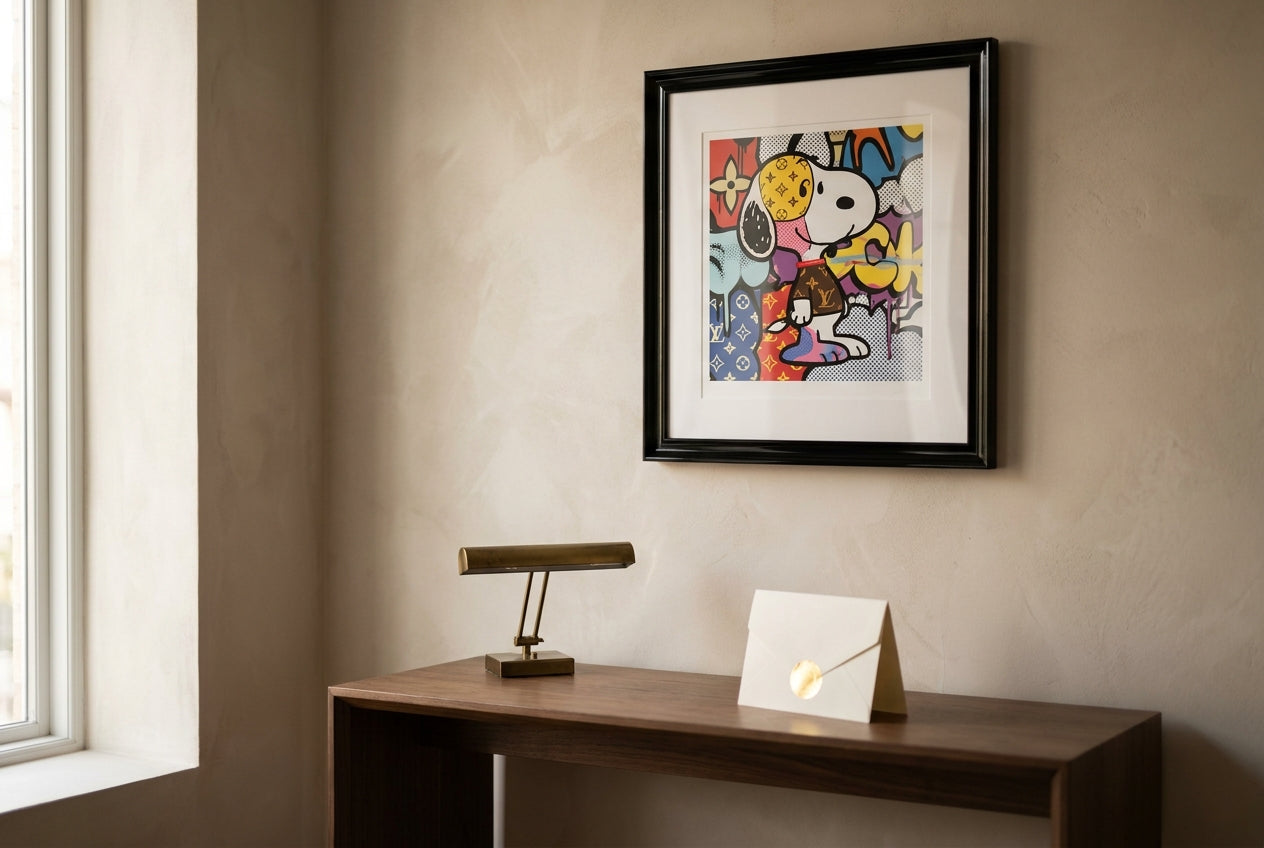 Framed DEATH NYC-style pop-art mashup print with a Snoopy-inspired beagle in an elegant collector's interior