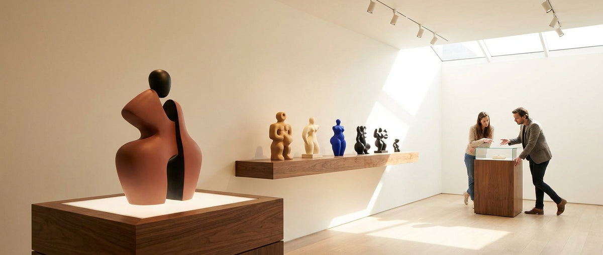 Collectors viewing original abstract designer-toy sculptures in a contemporary gallery