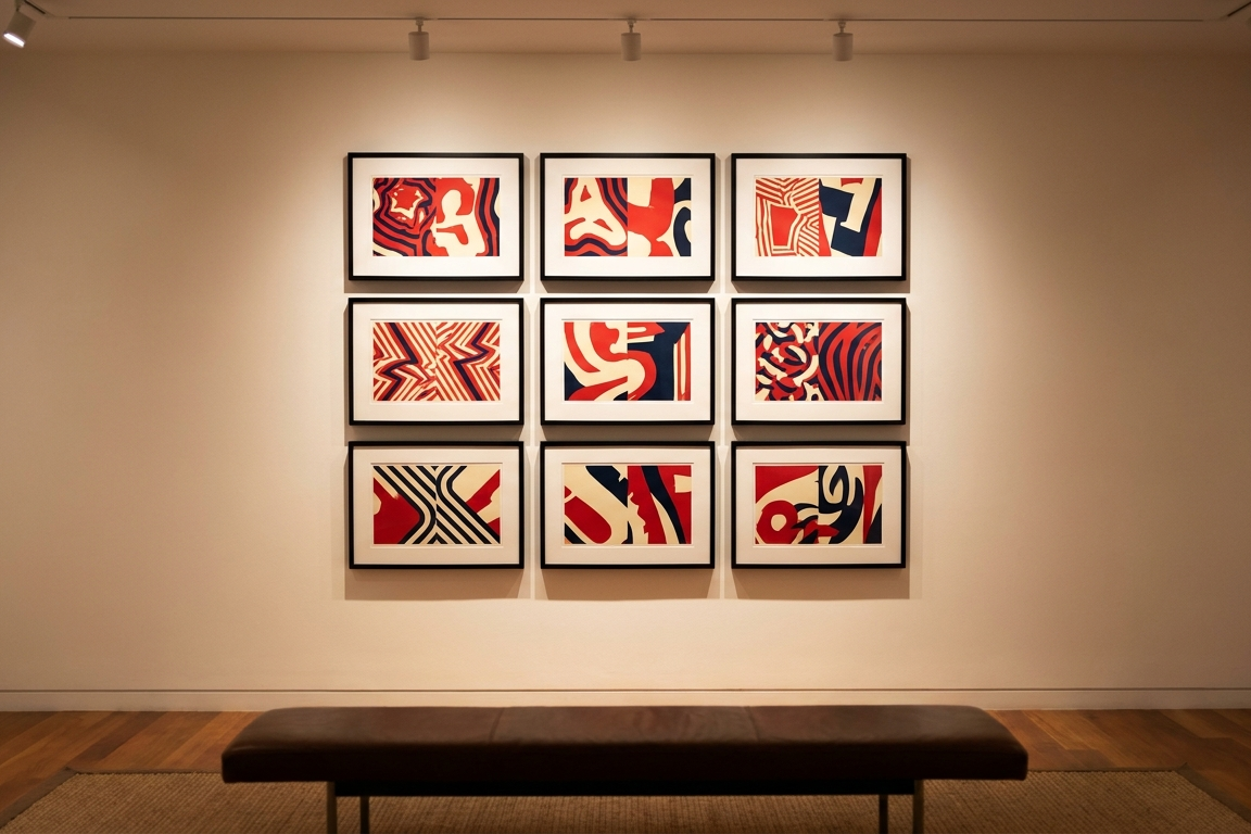 Gallery wall of framed investment-grade street-art prints in an elegant collector setting