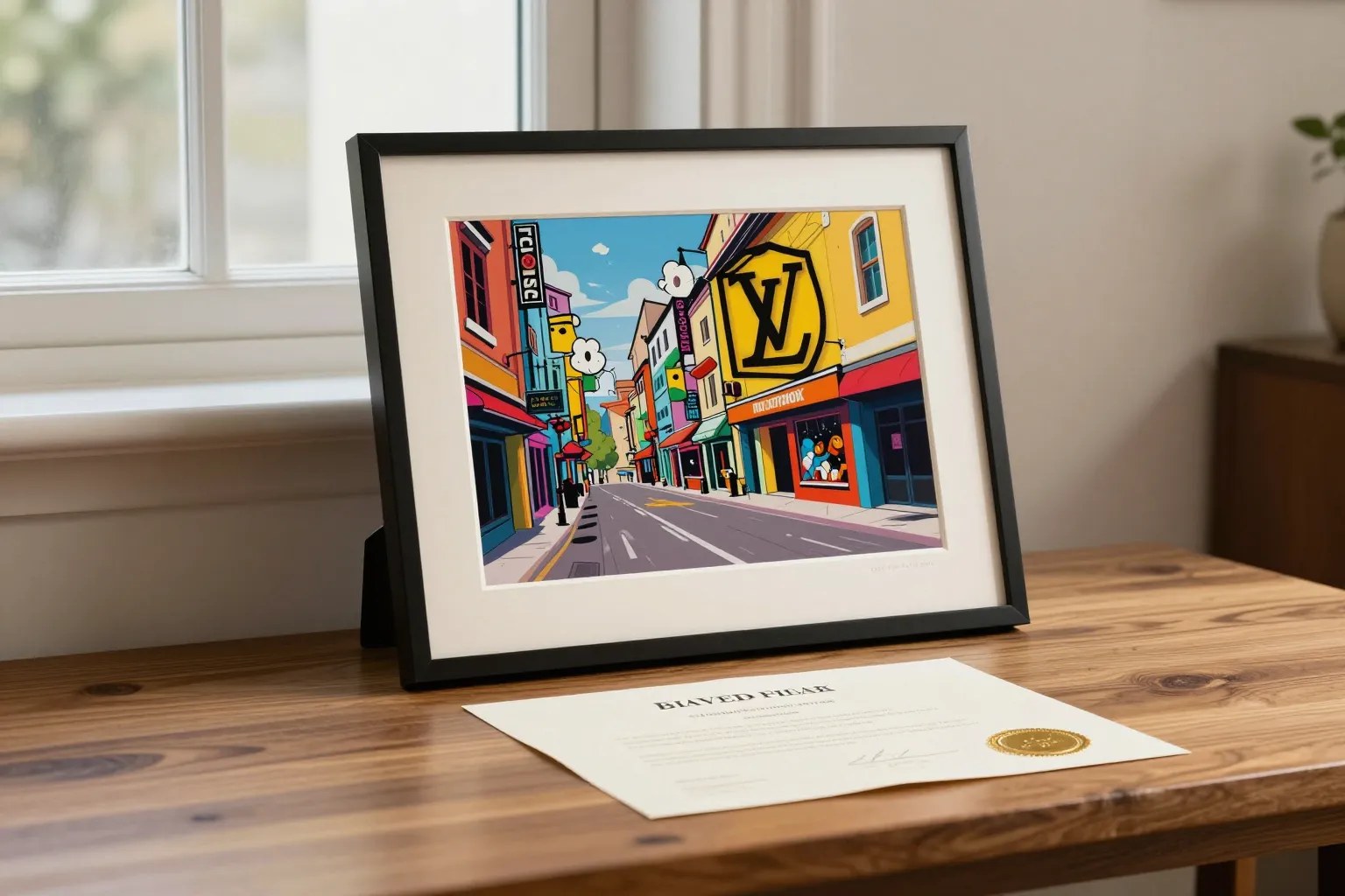 Framed DEATH NYC pop-art print beside a Certificate of Authenticity with an embossed gold seal