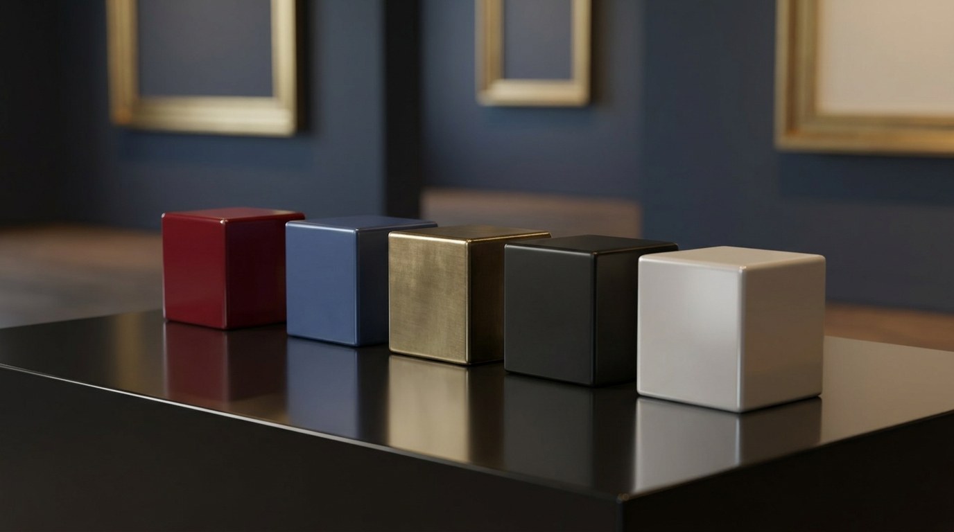 Glossy monochrome color-variant blocks illustrating collectible colorways