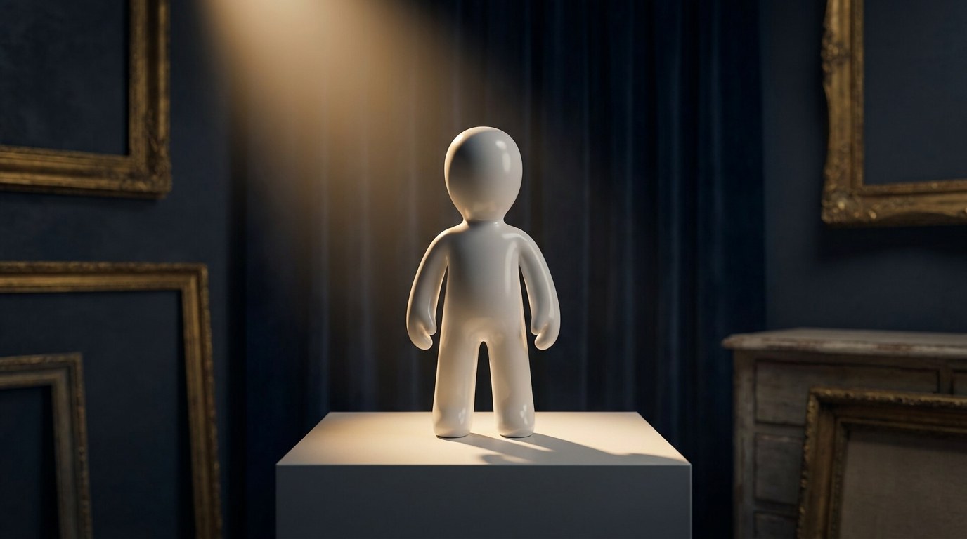 A blank generic vinyl art figure elevated on a museum plinth under a gallery spotlight