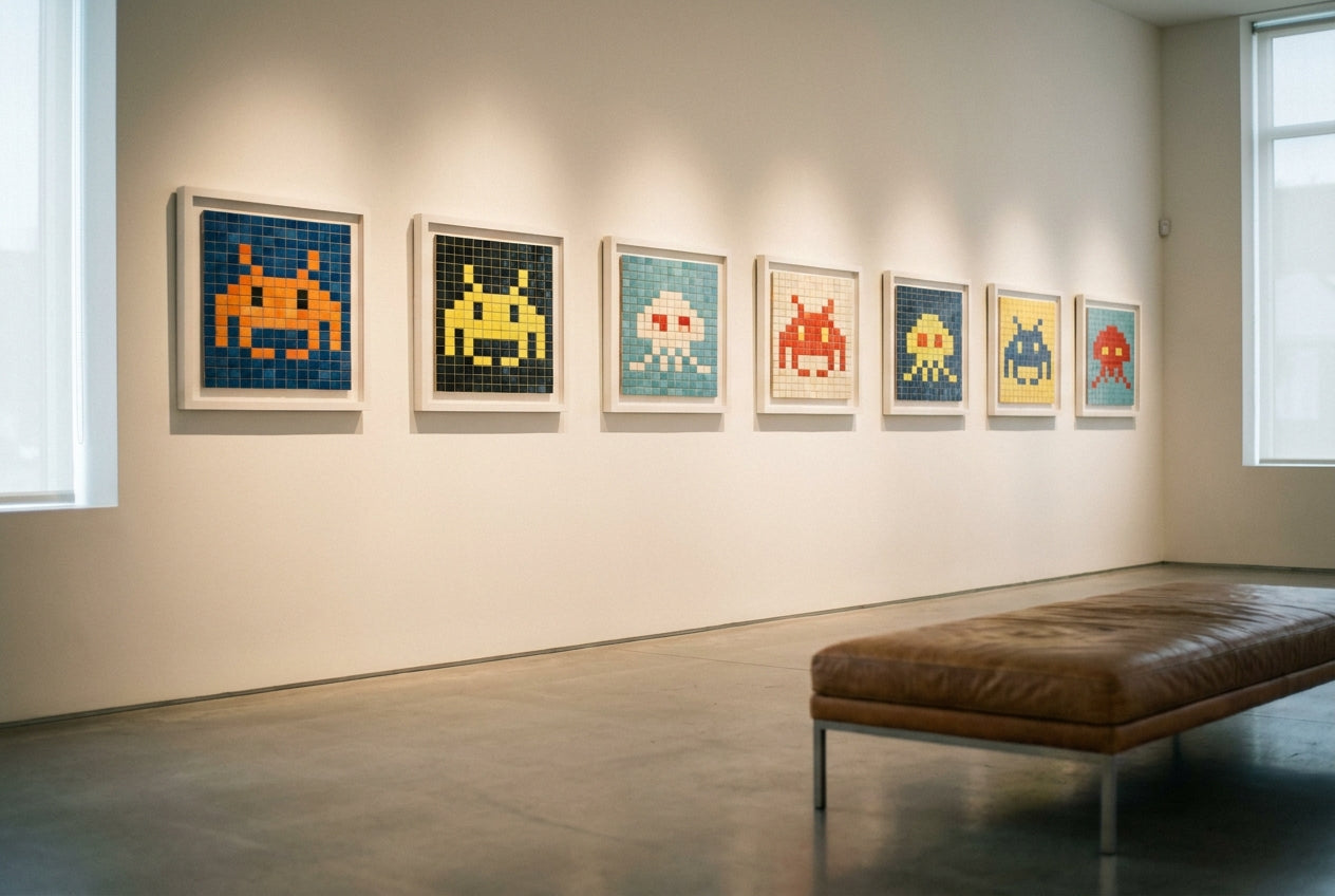 Framed pixel-mosaic Invader-style artworks displayed in a refined gallery interior