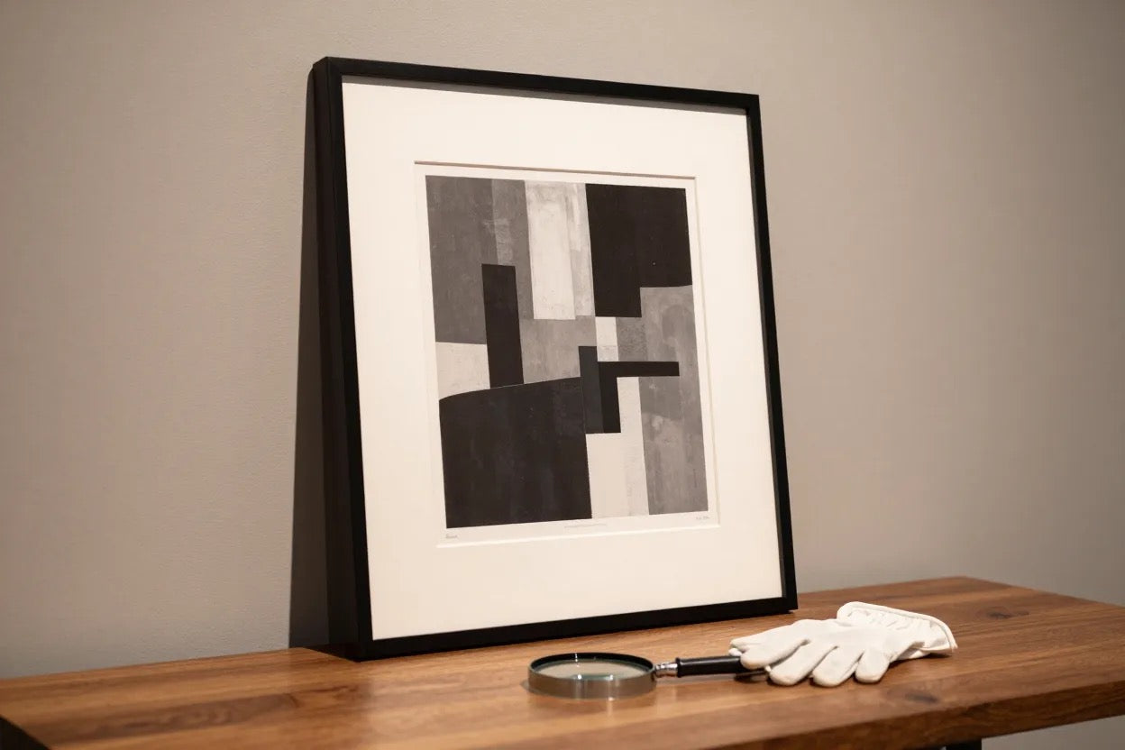 A framed limited-edition street-art screenprint with a collector's loupe and cotton gloves