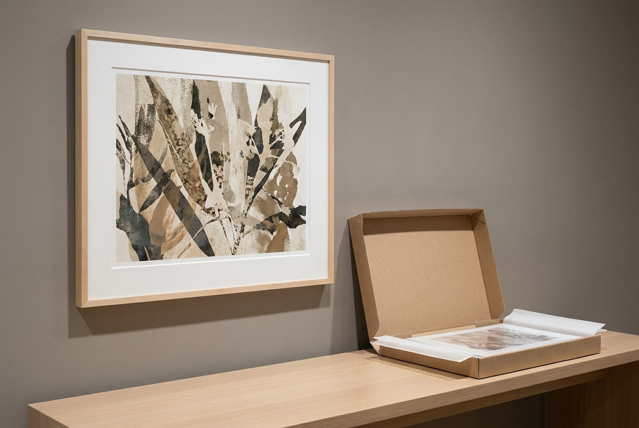 A framed fine-art print on a gallery wall beside an open archival storage box