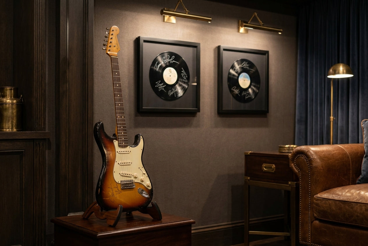 Signed guitar and framed signed vinyl records in an elegant collector's room