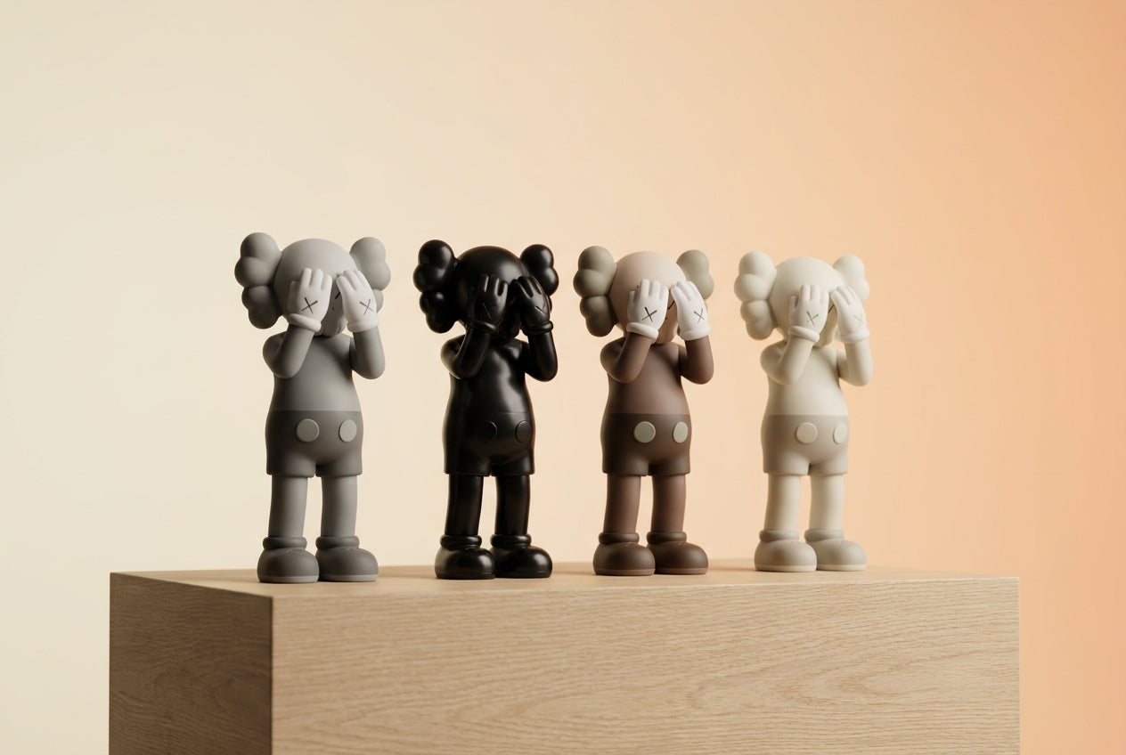 Lineup of KAWS Companion figures in classic grey, black, brown, and off-white colorways on a gallery plinth