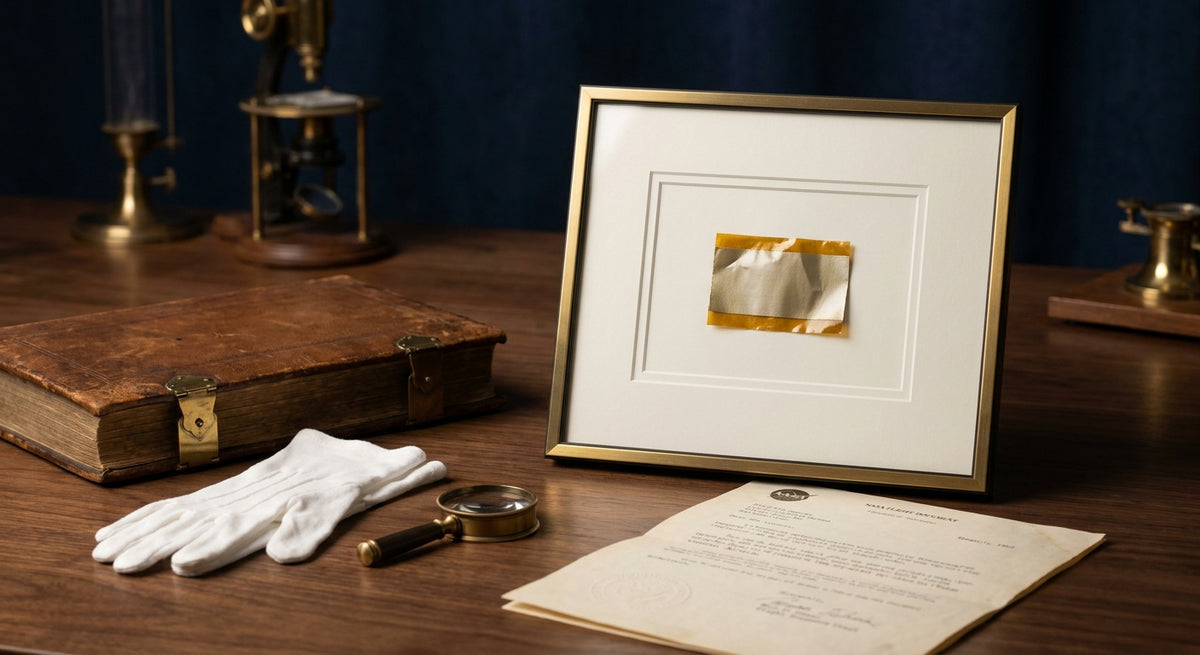 Framed Apollo-era flown artifact with provenance documents on a collector's desk