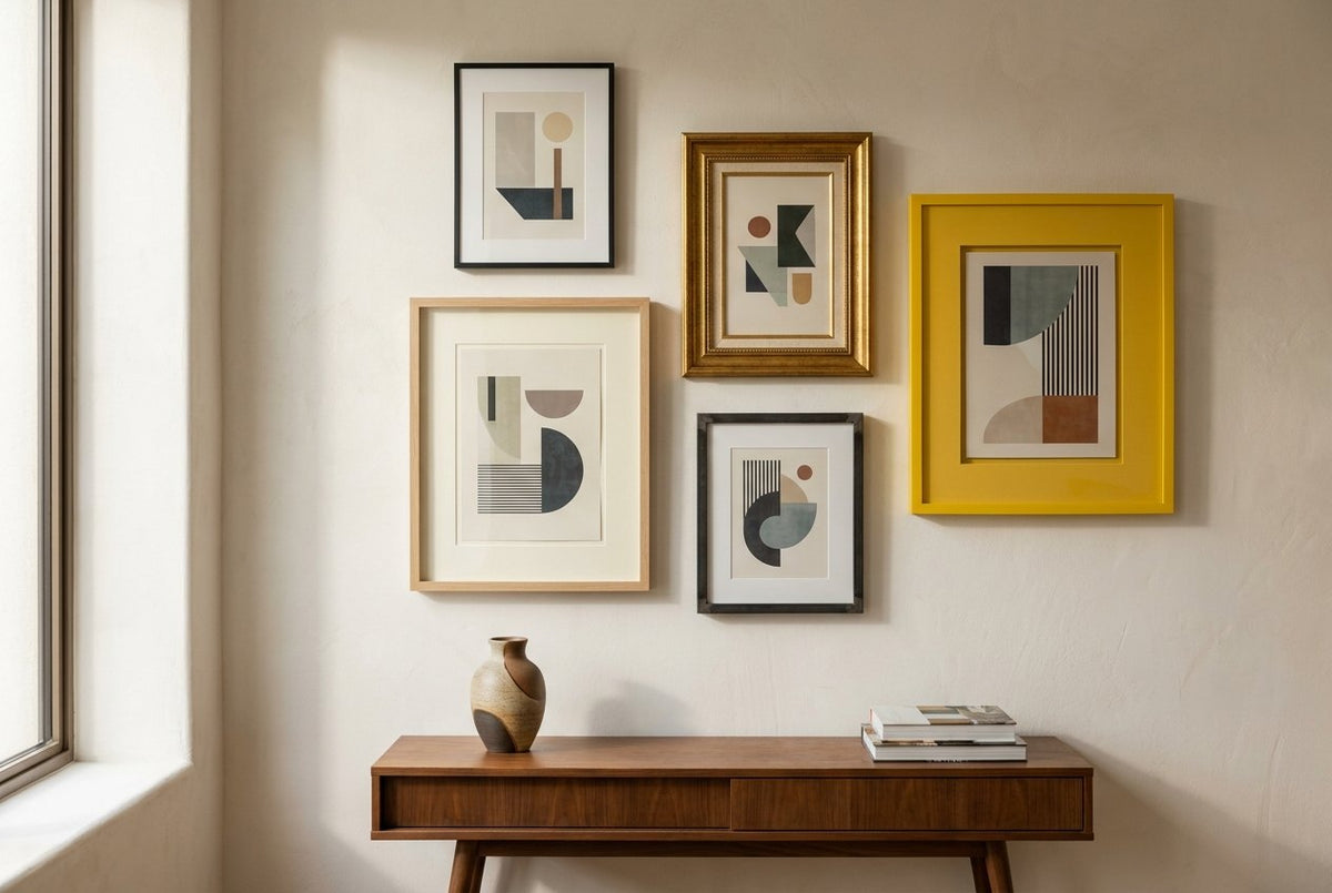 Five framed art prints in varied frame styles arranged on a warm off-white gallery wall above a mid-century walnut console