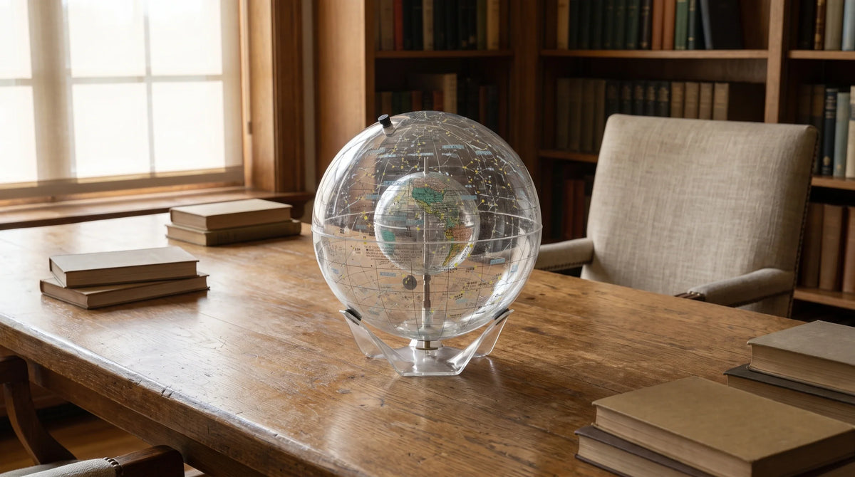AI interior concept for a transparent celestial globe as the room's sculptural center