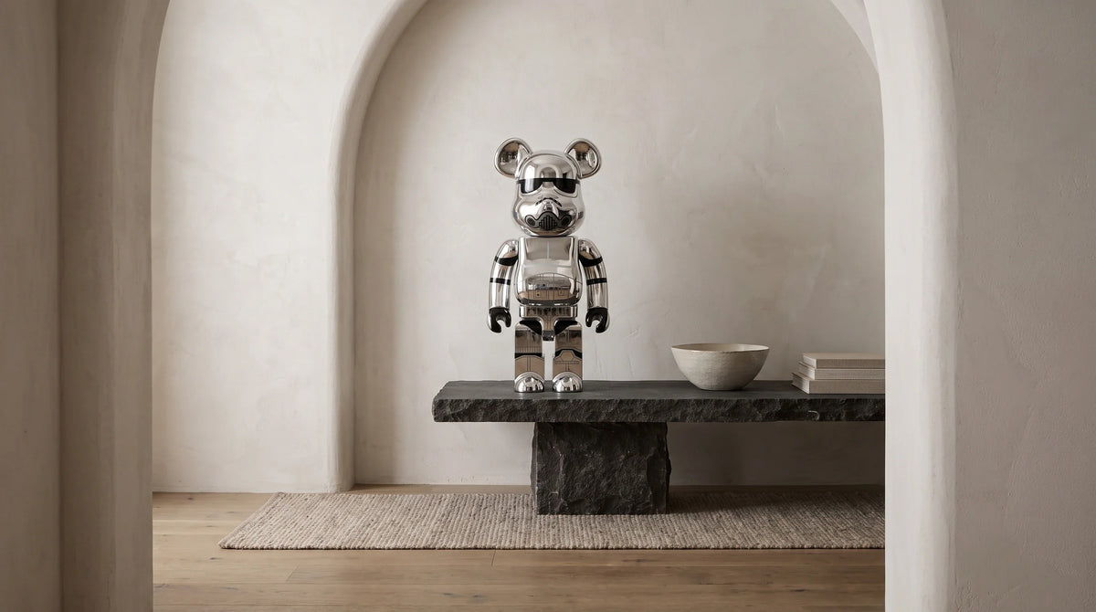 Illustrative interior featuring BE@RBRICK Star Wars Stormtrooper Chrome Ver 400% Medicom Toy Bearbrick New