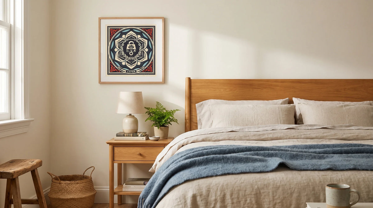 AI interior concept for art for a bedroom that feels personal and restful