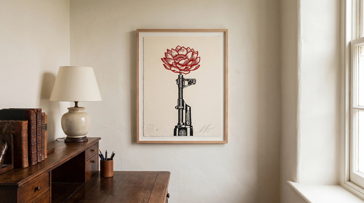Illustrative interior featuring Shepard Fairey AK-47 Lotus Letterpress AP