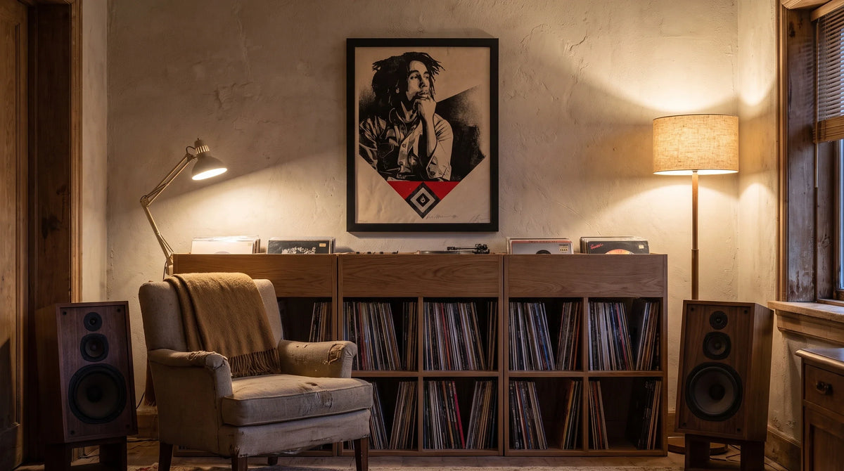 Illustrative interior featuring Shepard Fairey Bob Marley “Catch a Fire” 2020