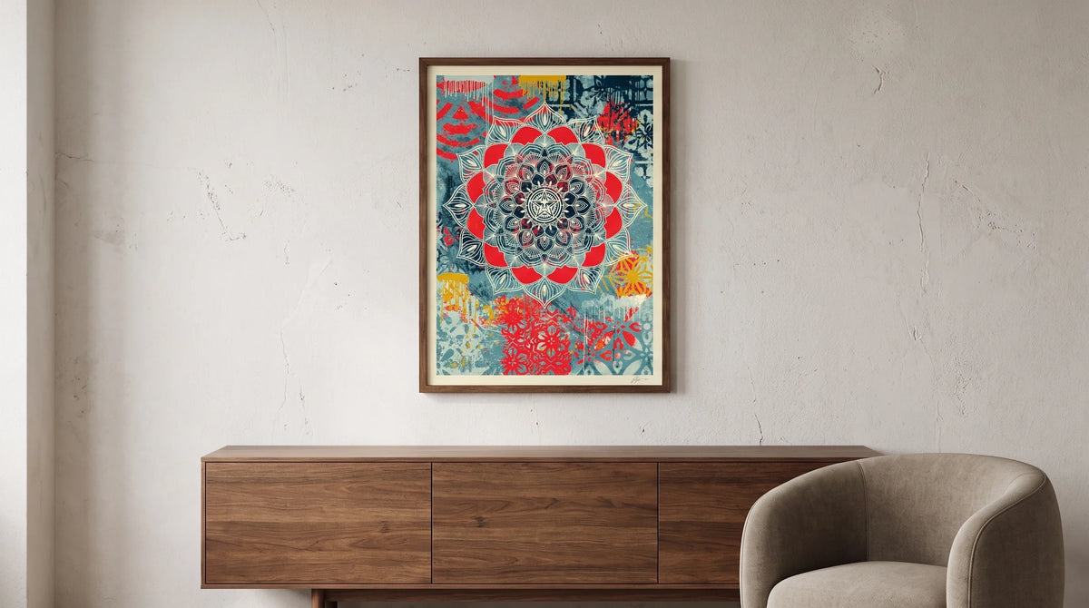 Illustrative interior featuring Shepard Fairey Chaos Mandala 2025