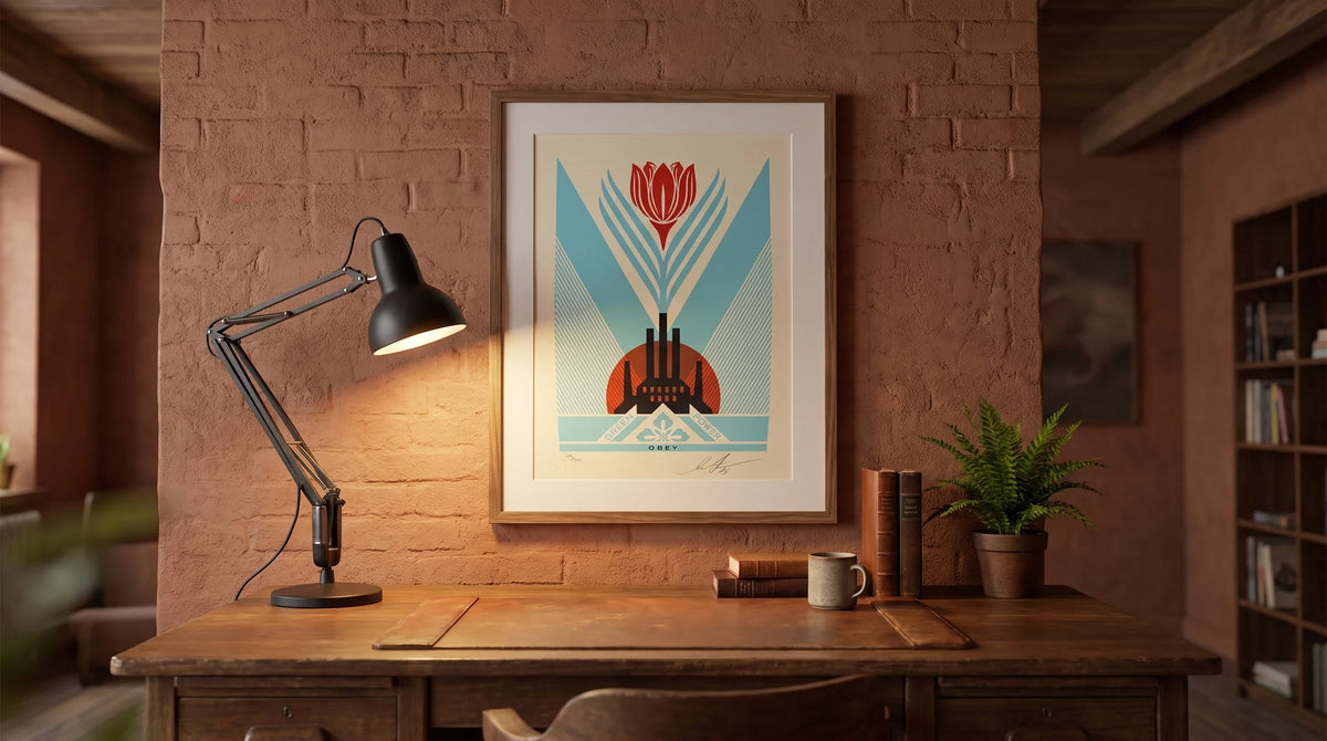 Illustrative interior featuring Shepard Fairey Green Power Factory Blue