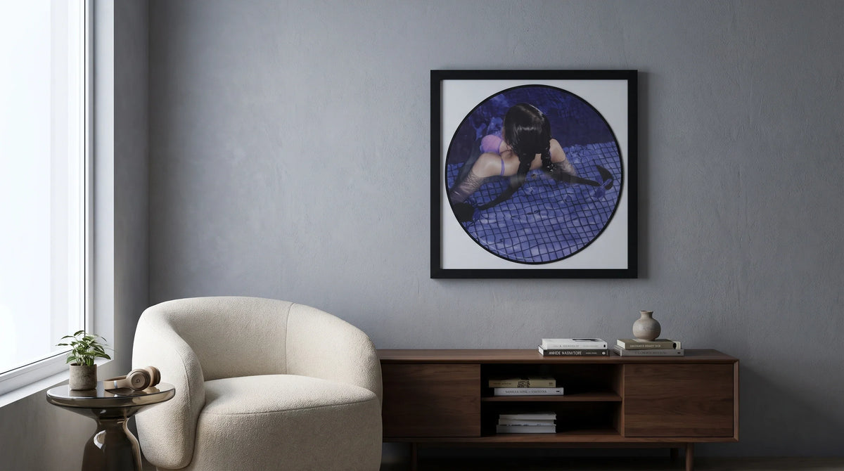 AI interior concept for framed vinyl in a contemporary apartment
