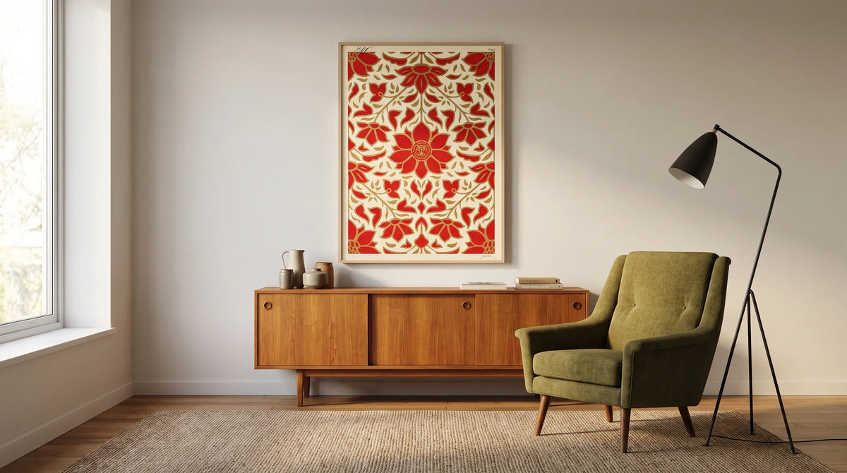 AI interior concept for graphic art and mid-century furniture: mixing eras with purpose