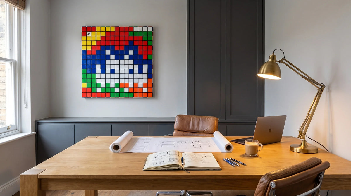 AI interior concept for a home office art wall that survives real working days