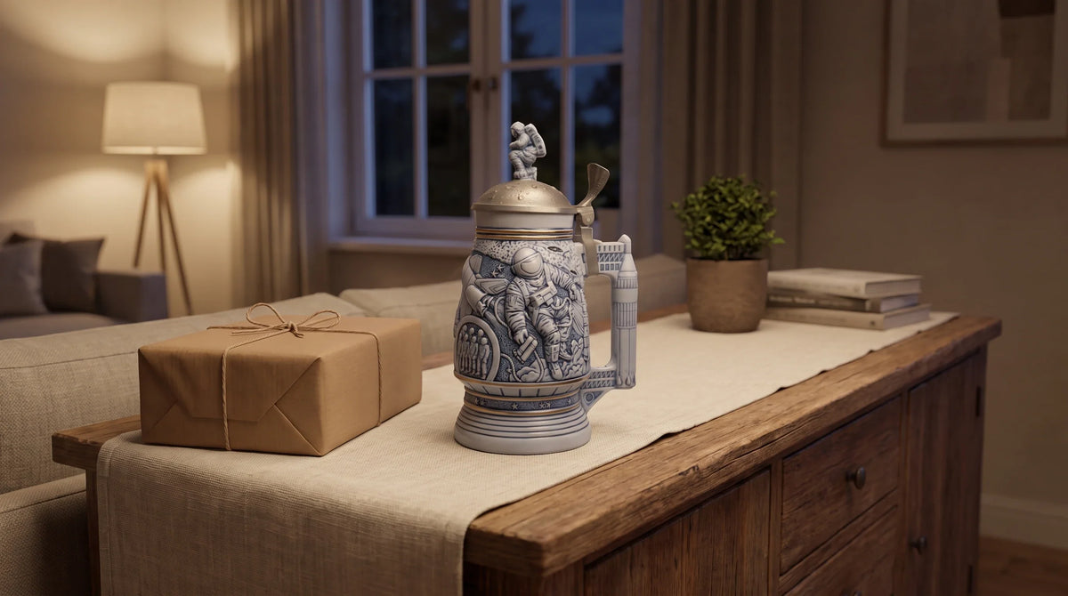 Illustrative interior featuring Space Exploration Lidded Stein Astronaut Lunar Lander Lid Collectible Tankard