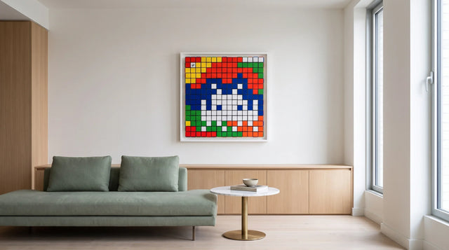 Invader Rubik Camouflage in a Precise, Architectural Interior