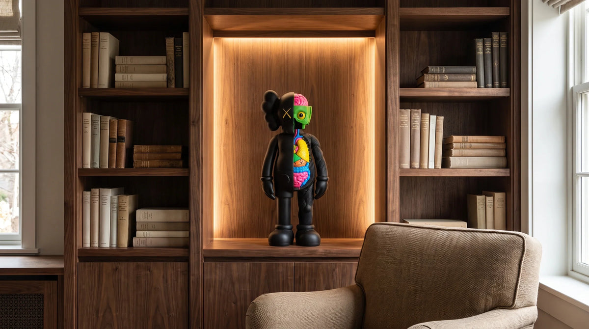AI interior concept for a library shelf designed around collectible sculpture