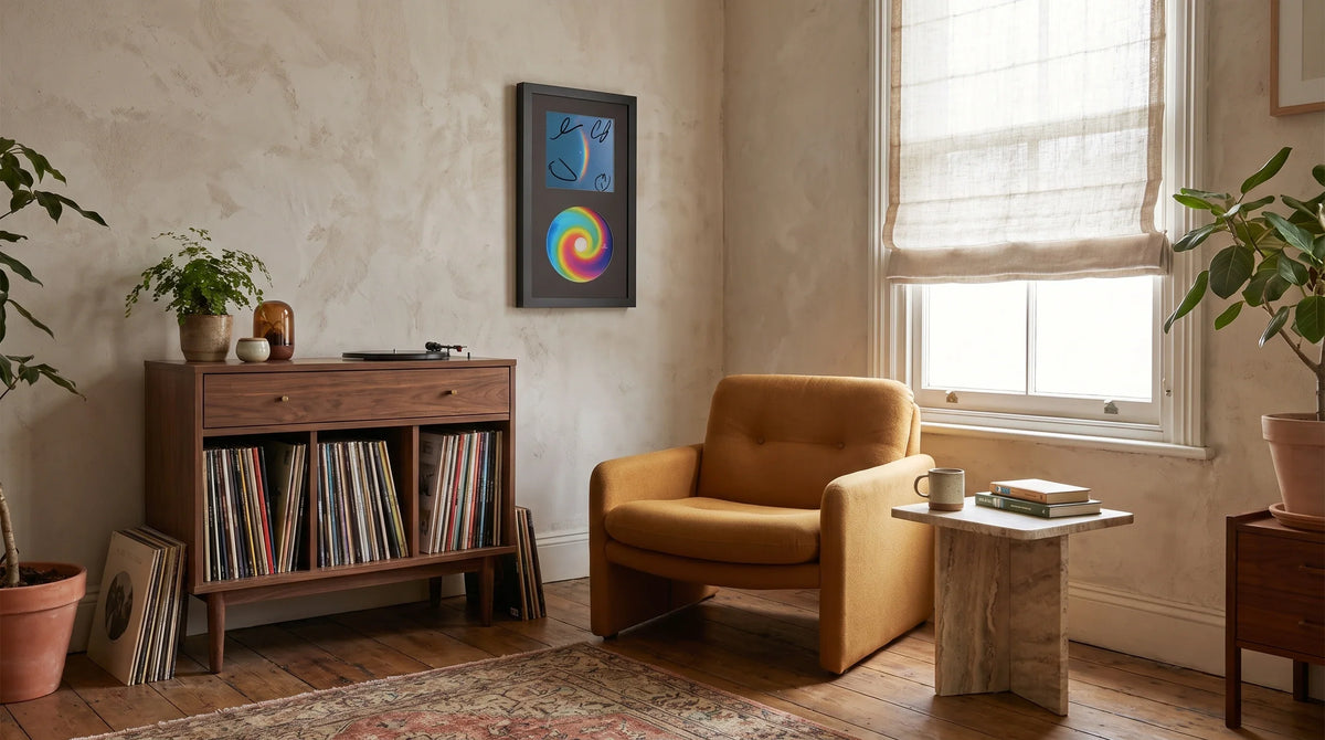 AI interior concept for music memorabilia in a living room: personal without becoming a shrine