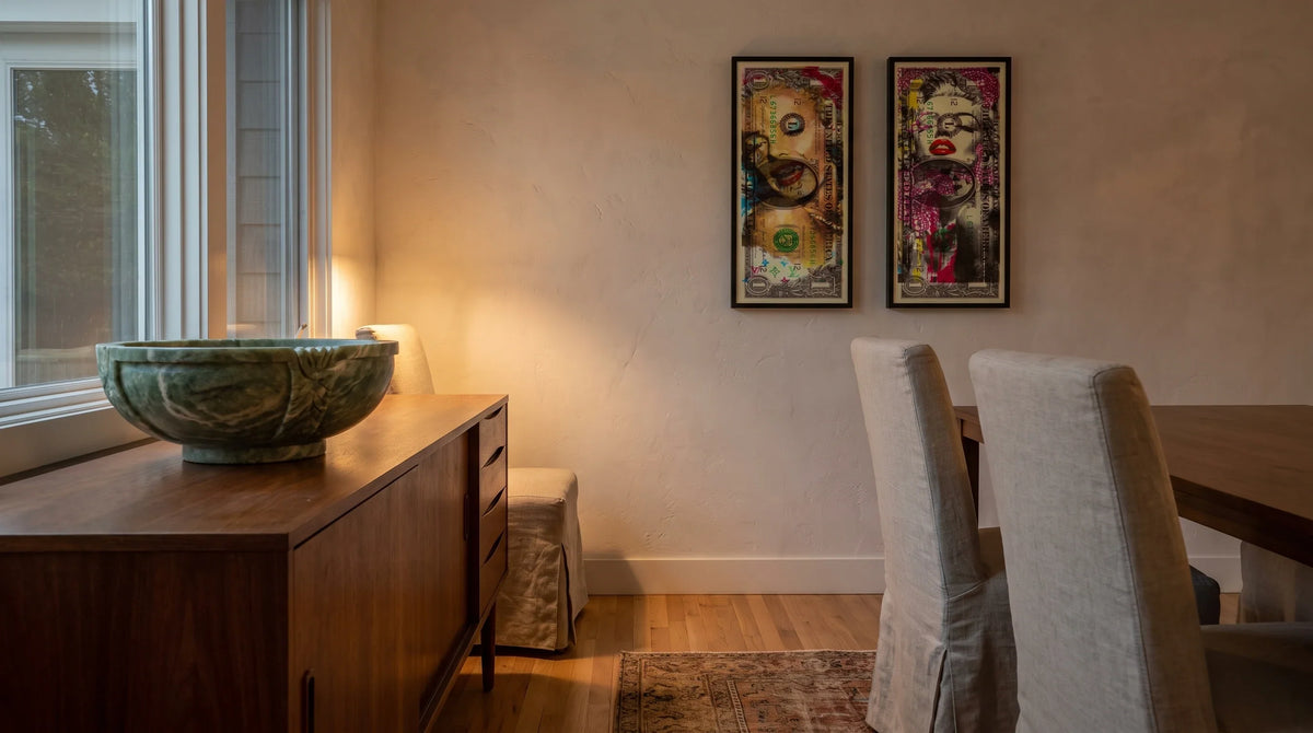 AI interior concept for pop art above a dining sideboard: balance across a long wall