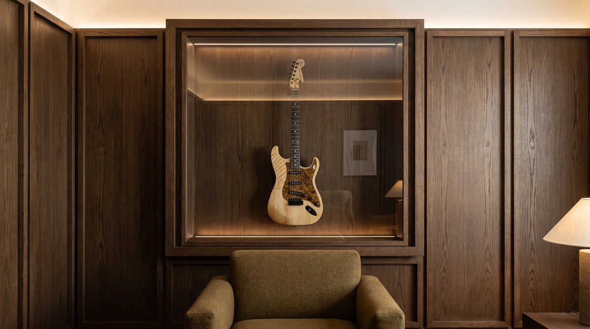 AI interior concept for a signed guitar as a serious interior design object
