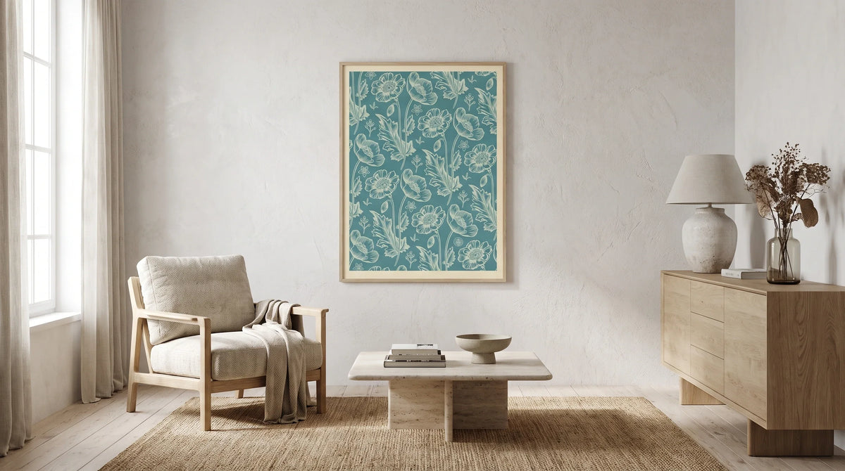 AI interior concept for teal, oak, and graphic art: a more personal coastal room
