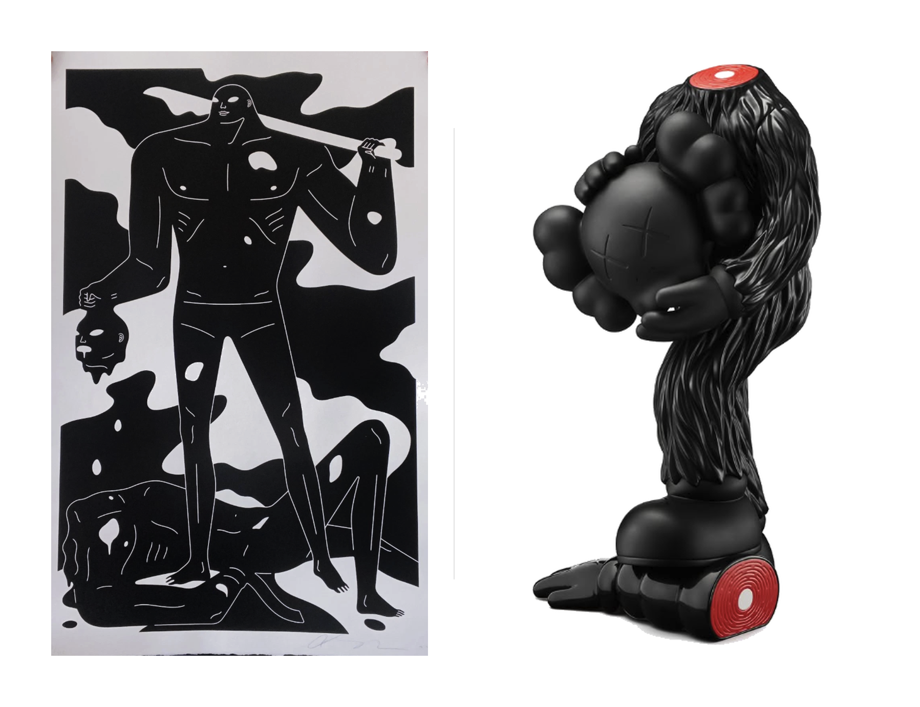 Cleon Peterson print and KAWS FELLOWS side by side