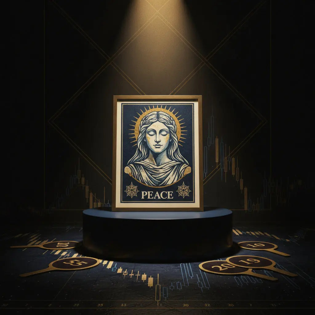 Framed blue-chip Shepard Fairey print on a plinth under spotlight against navy and gold market charts