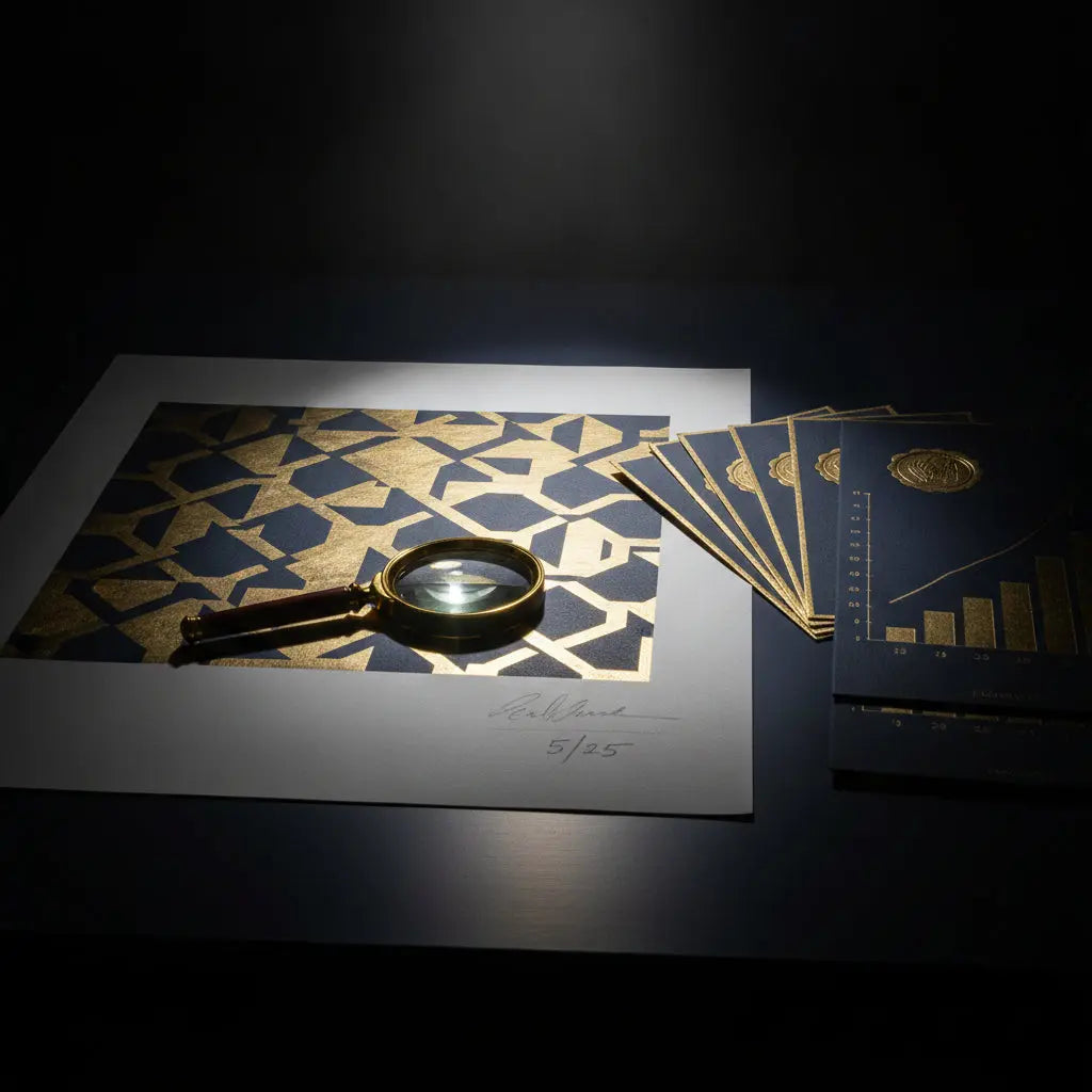 Navy and gold still life of a signed, numbered Fairey-style print under a loupe with provenance documents and a value chart