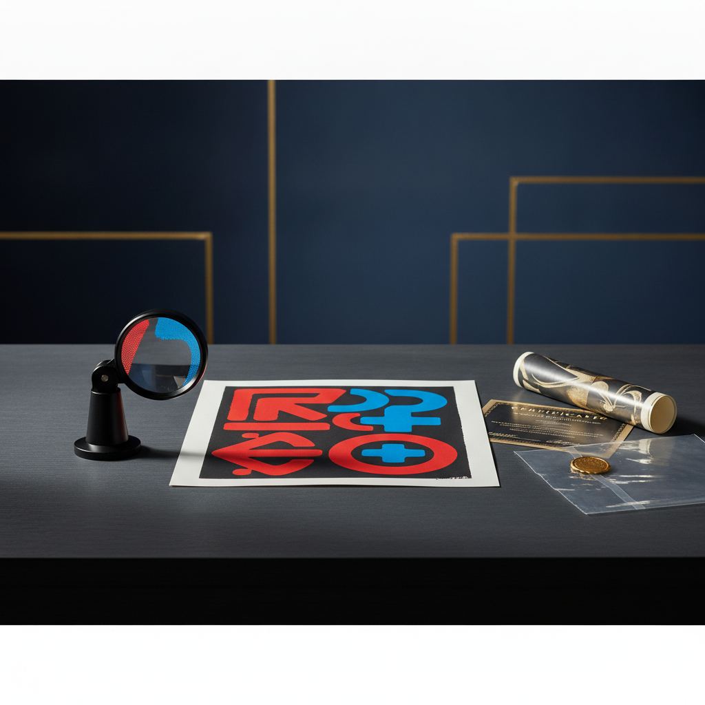 Death NYC pop-art print with a jeweler's loupe and gold-seal certificate of authenticity on a dark desk