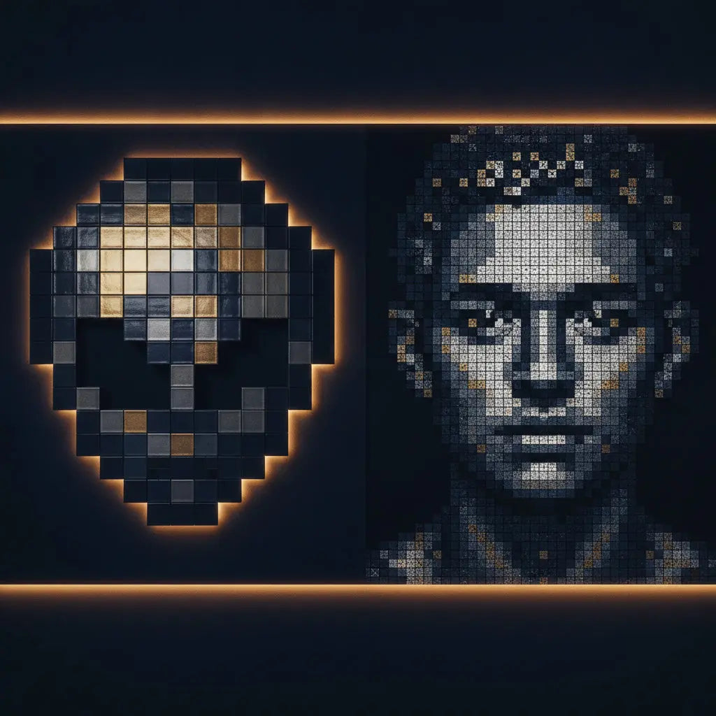 Pixelated Invader-style alien mosaic and Rubik's Cube panel rendered in navy and gold editorial lighting