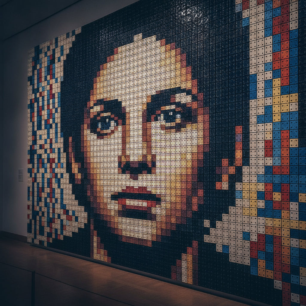 A wall of twisted Rubik's Cubes forming a low-resolution pixel-mosaic portrait in Invader's Rubikcubism style, lit in navy and gold