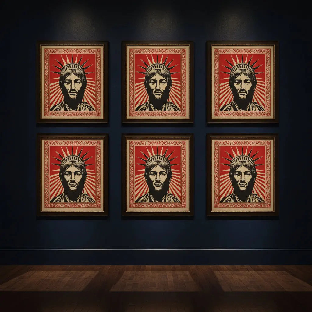 Shepard Fairey Lennon peace artworks on a gallery wall