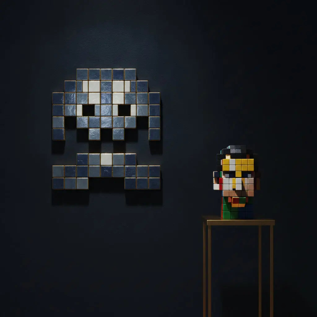 Pixelated ceramic-tile Space Invader mosaic and Rubik's Cube portrait under gold gallery lighting on a navy wall
