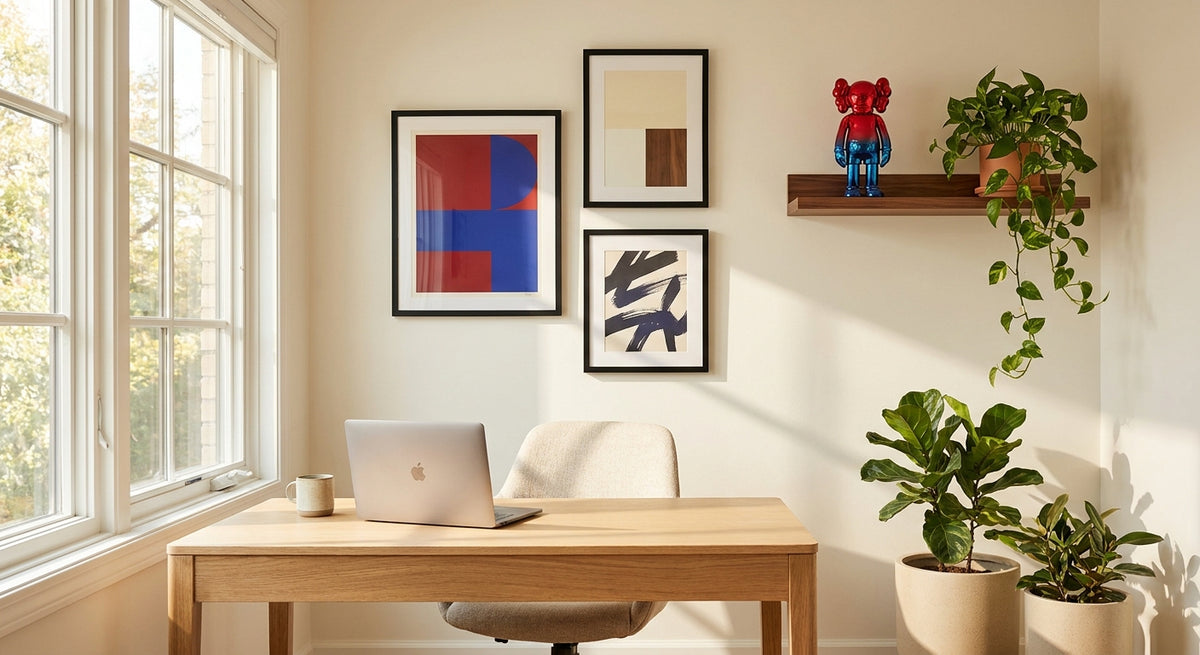 Stylish home office with a gallery wall of framed pop-art prints, a designer figure and plants on a shelf, and a laptop on a wood desk