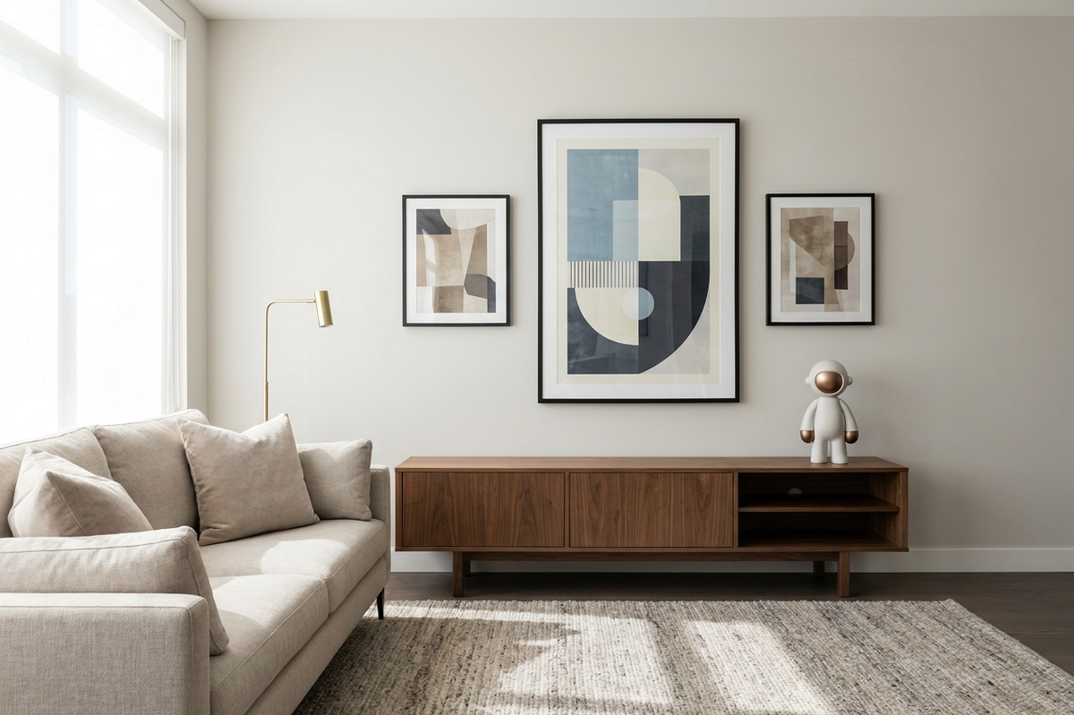 A modern living room with a large framed street-art print flanked by smaller works above a mid-century walnut console