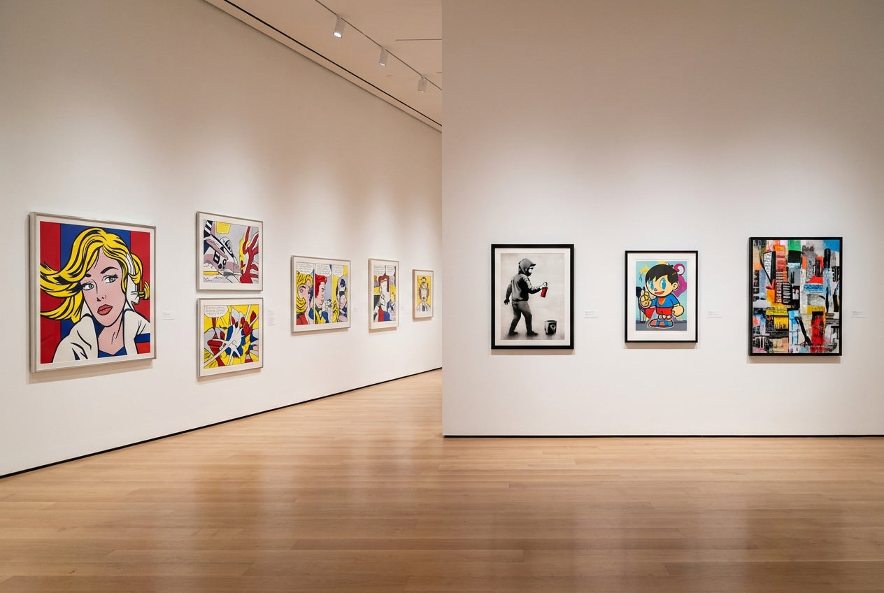 Classic 1960s pop art on the left wall and modern neo-pop street art on the right wall of a contemporary gallery