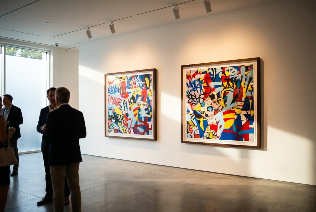 Colorful Mr. Brainwash-style pop-art prints framed in a stylish contemporary art gallery