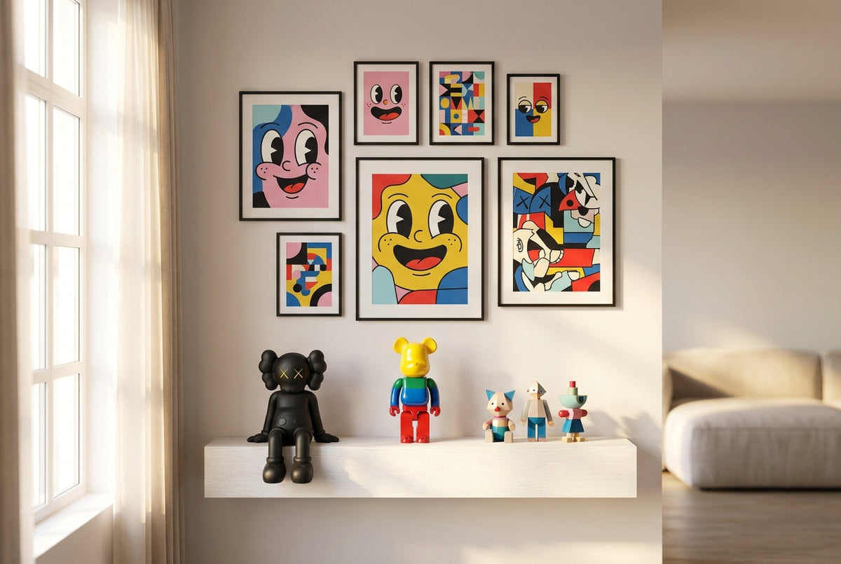 Gallery wall of vibrant neo-pop and street-pop prints above a shelf of designer art figures