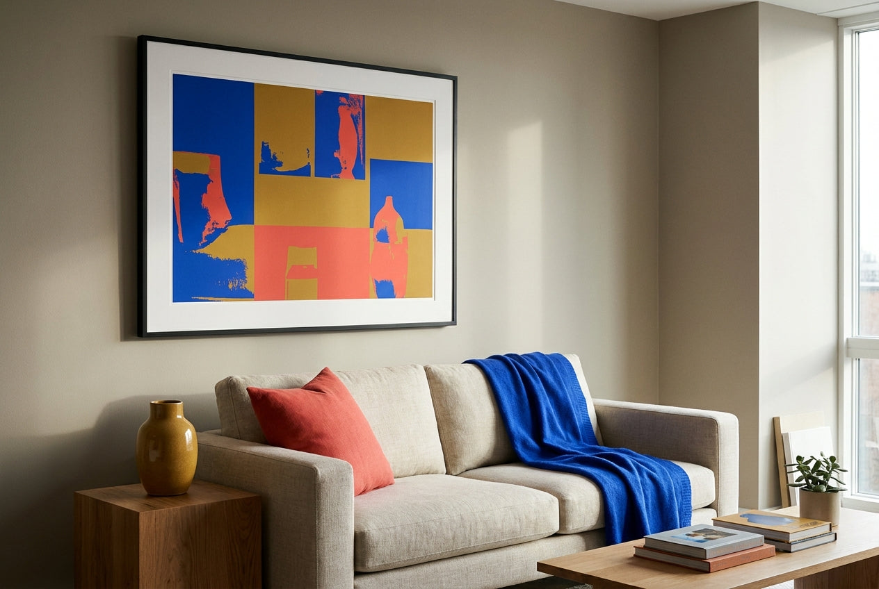Neutral living room where a bold pop-art print anchors the color palette, echoed by a coral pillow, mustard vase, and cobalt-blue throw