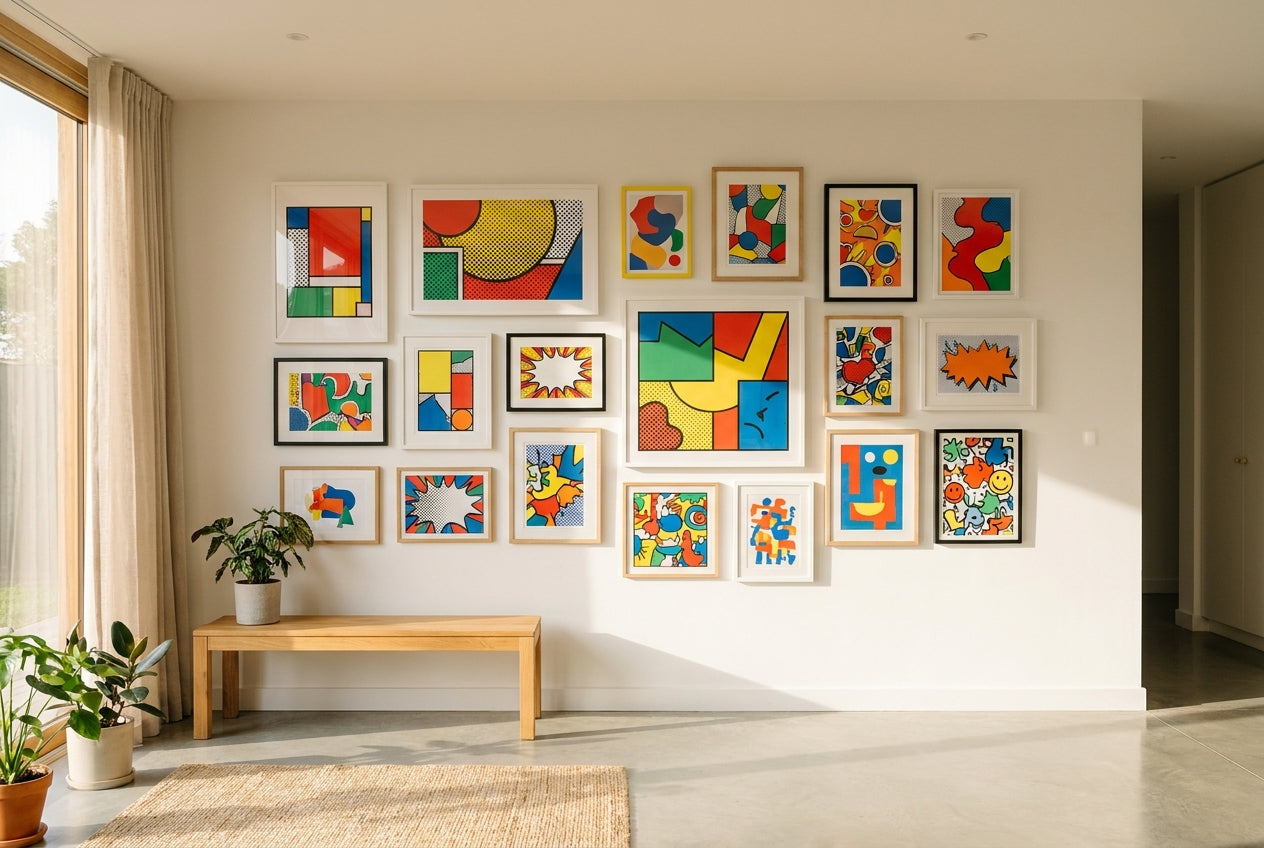 Colorful pop-art gallery wall of framed accessible prints in a bright modern home interior