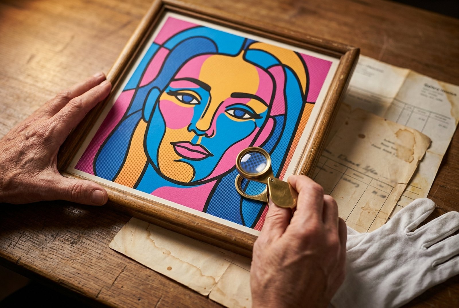 A curated pop-art collection wall with framed screen prints, halftone portraits, comic-style panels, and color-field works above a console with designer vinyl figurines