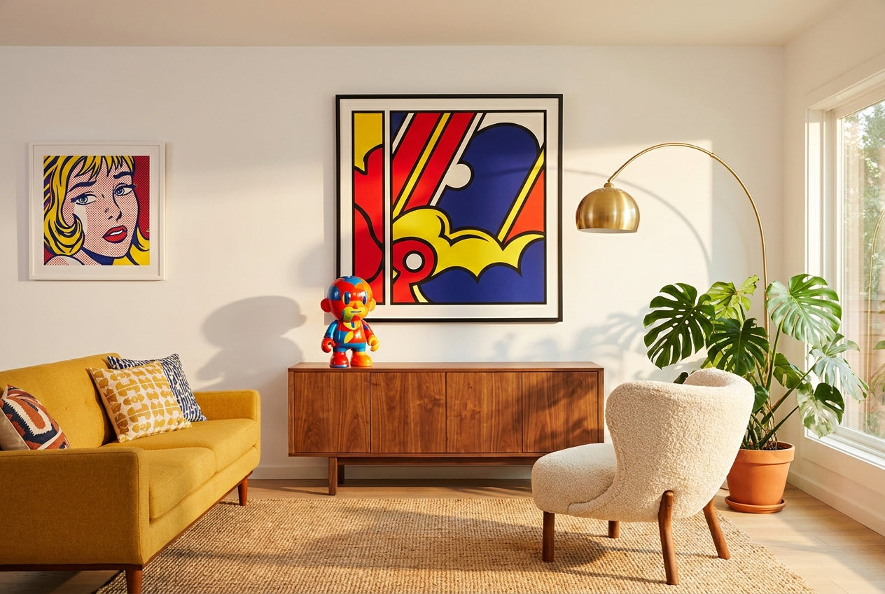 A sunlit modern living room styled with bold pop art prints and a designer vinyl art figure on a walnut console