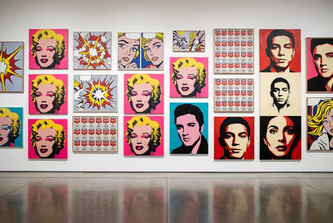 A pop art gallery wall with bold, colorful silkscreen-style portraits, comic-panel canvases, and repeated product still lifes.